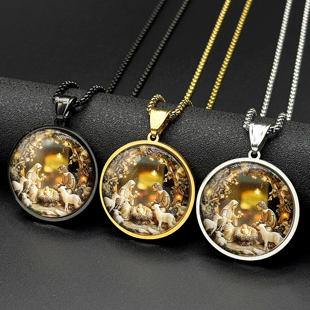 Nativity of Jesus Holy Family Glass Round Medal Pendant Necklace for Women Men Stainless Steel Christian Amulet Chain