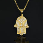 Iced Out Hamsa Hand of Fatima Pendant Necklace — Gold-Tone Steel