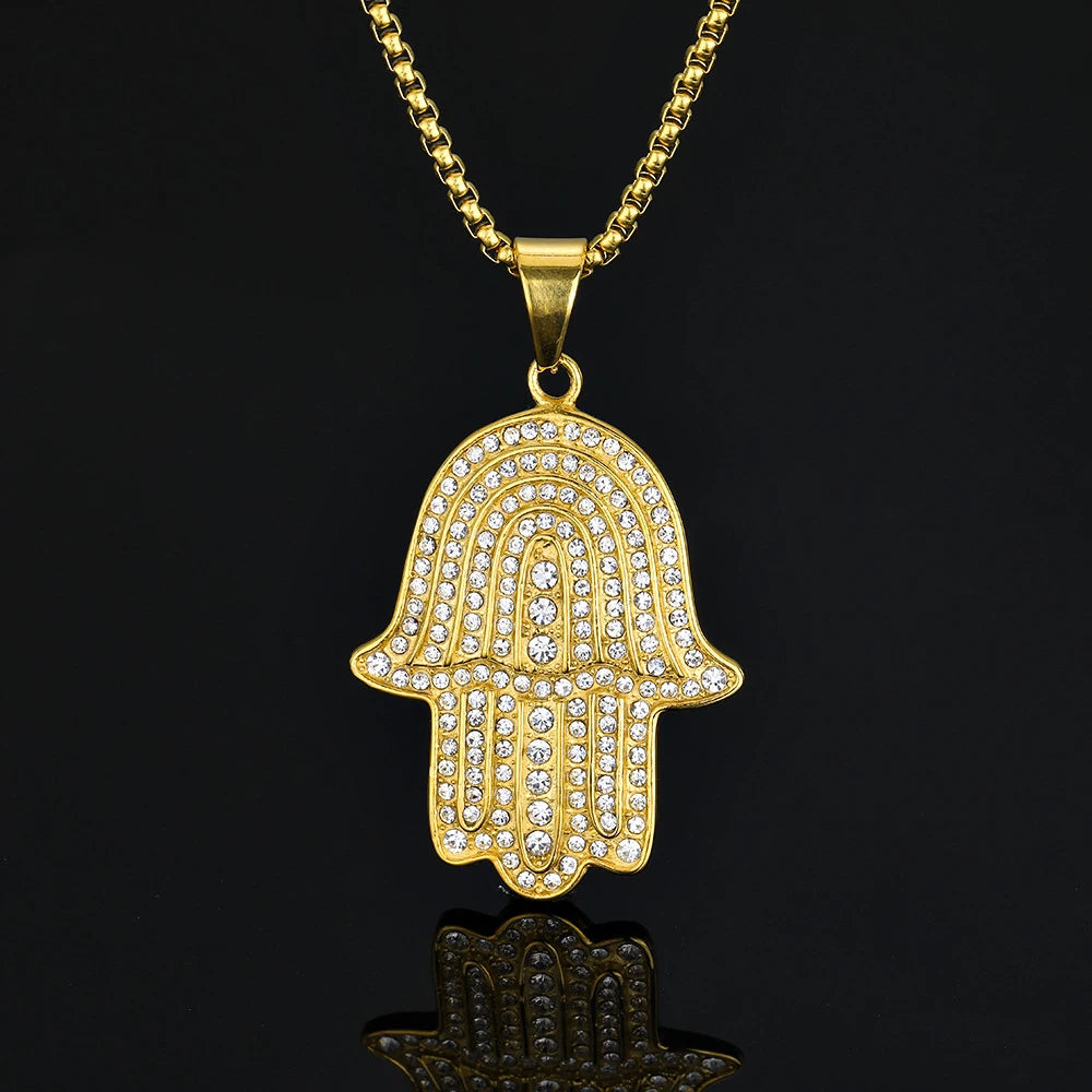Iced Out Hamsa Hand of Fatima Pendant Necklace — Gold-Tone Steel