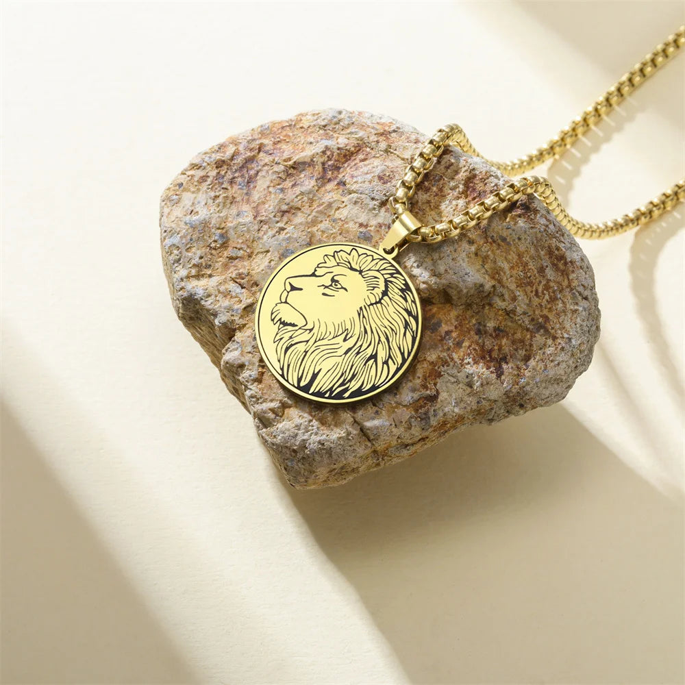 Leo Zodiac Lion Head Coin Necklace — Stainless Steel