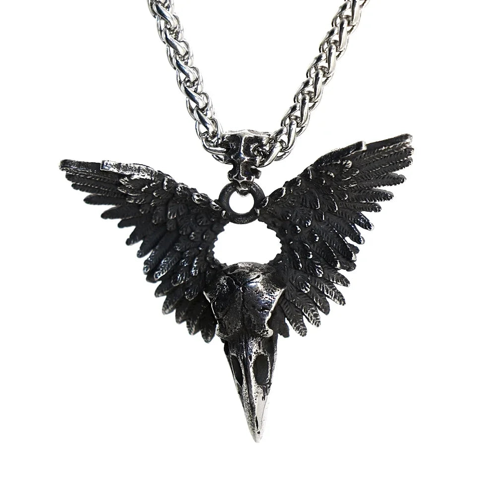 Vintage Wing Crow Skull Pendant Necklace Men Women Punk Goth Raven Skull Necklace Choker Fashion Stainless Steel
