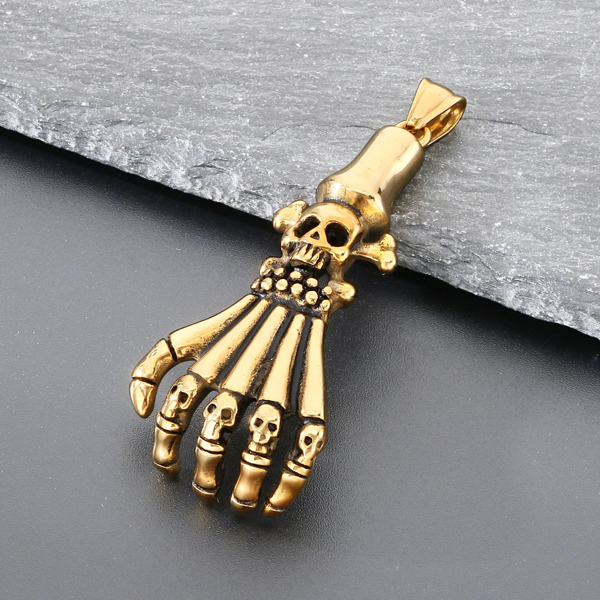 Gothic Skull Palm Skeleton Hand Stainless Steel Pendant Necklace Men Punk Rock Jewelry Holiday Gift Halloween Accessories