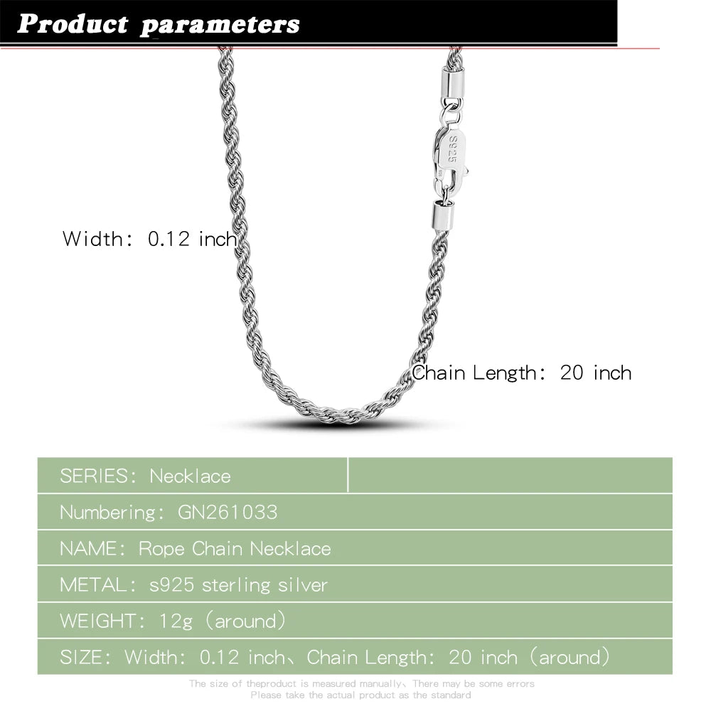 Men 100%925 Sterling Silver 3mm Twist Rope Chain Necklace Women Diamond Cut Clasp Box Chain 16-30 inch Chocker Jewelry