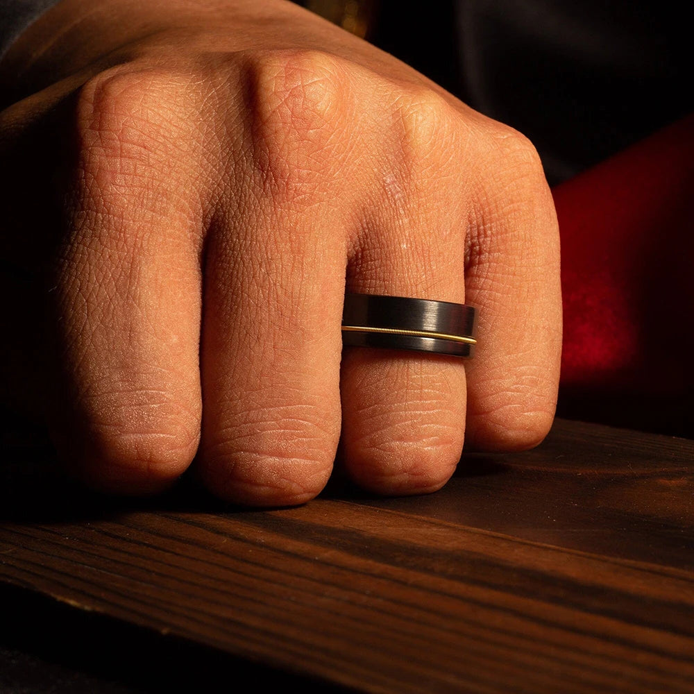 Fashion Black Stainless Steel Rings for Men With Guitar String Inlay Guitarist Ring For Musician Wedding Jewelry Drop