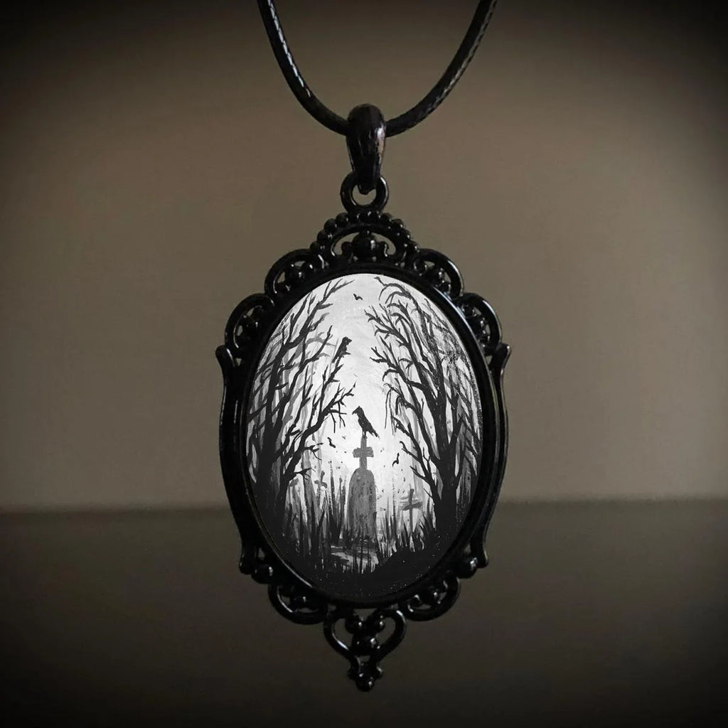 Gothic Crow Black Forest Charm Necklace Fashion Witch Jewelry Gift Pagan Cross Black Cat Skull Glass Pendant Necklace