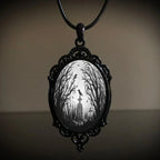 Gothic Crow Black Forest Charm Necklace Fashion Witch Jewelry Gift Pagan Cross Black Cat Skull Glass Pendant Necklace