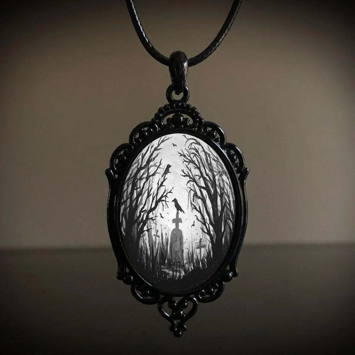 Gothic Crow Black Forest Charm Necklace Fashion Witch Jewelry Gift Pagan Cross Black Cat Skull Glass Pendant Necklace