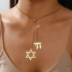 Star of David Chai Double Pendant Long Necklace — Stainless Steel