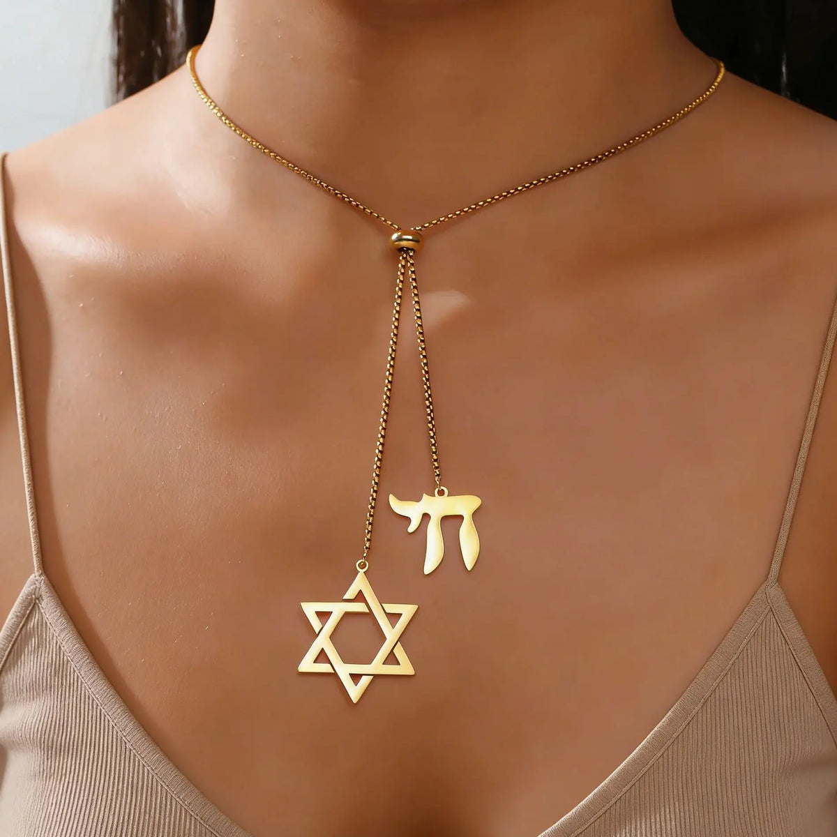 Star of David Chai Double Pendant Long Necklace — Stainless Steel