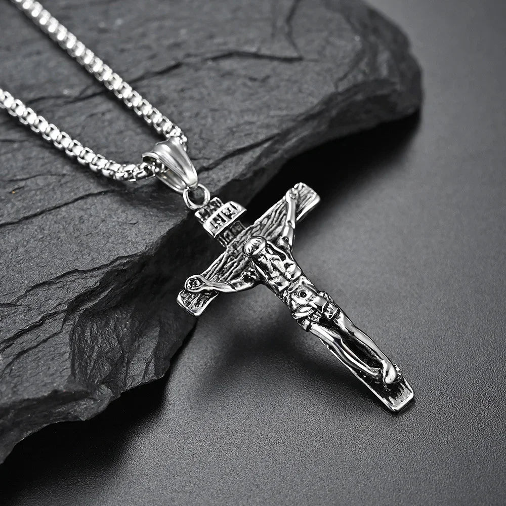 Vintage Stainless Steel Cross Jesus Necklace Pendant Men Women Religious Catholic Cross Necklace Chain Amulet Jewelry Gift