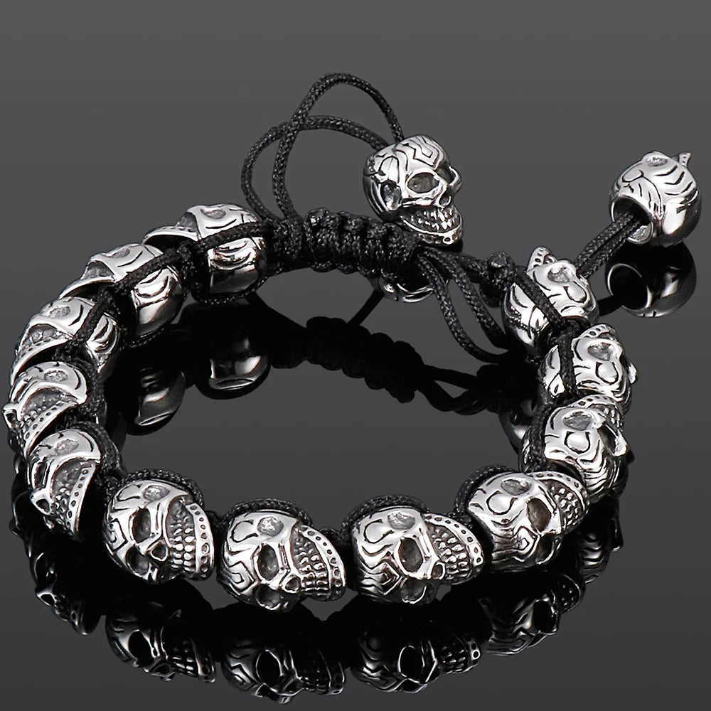 Handmade Braided Man Bracelet Skull Beads On Hand Bands Bracelets for Men Punk Gothic Stainless Steel Men's Jewelry