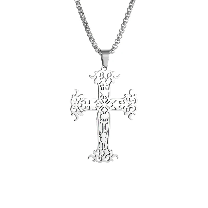 Templar Cross Round Medal Pendant Necklace — Stainless Steel