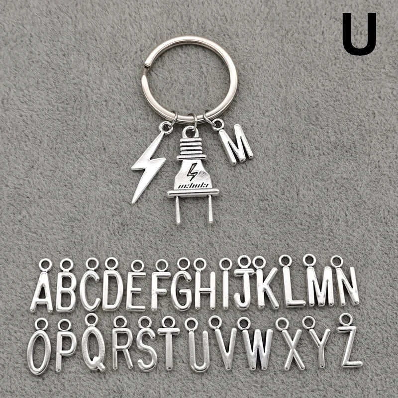 Fashion A-Z Letter Charm Lightning Bolt Plug Electrician Keychain for Electrical Worker Bag Car Keyring Gifts