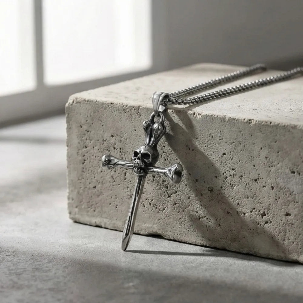 Silver Cross Skull Pendant Necklace Vintage