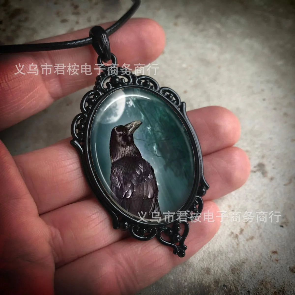 Gothic Crow Black Forest Charm Necklace Fashion Witch Jewelry Gift Pagan Cross Black Cat Skull Glass Pendant Necklace