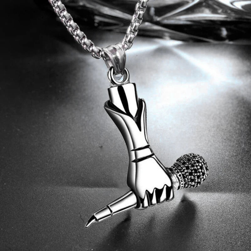 Silver Microphone Hand Pendant Necklace
