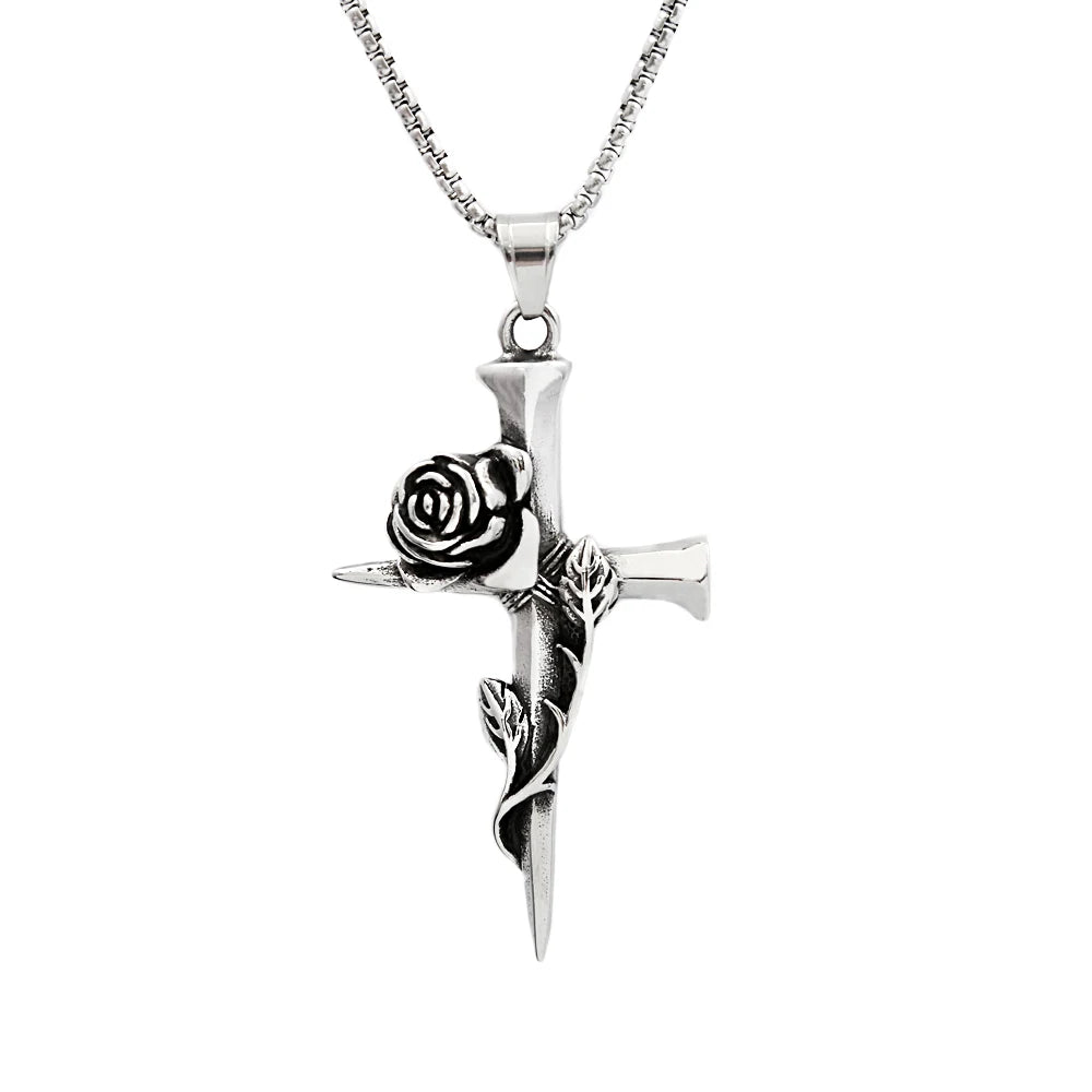 Fashion Vintage Rose Cross Necklace for Man Woman Punk 316L Stainless Steel Couple Pendant Creative Amulet Jewelry