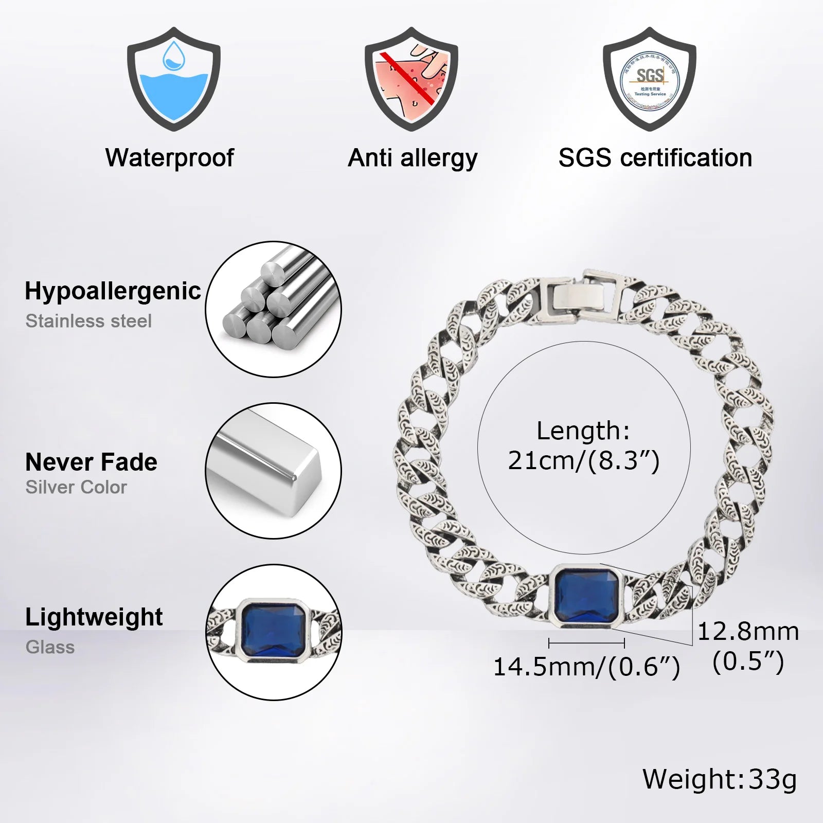 Cuban Blue Stone Chain Bracelet — Stainless Steel