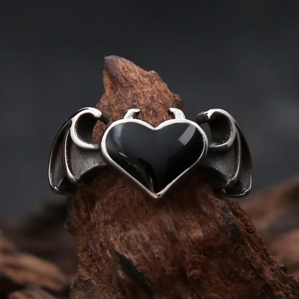 Heart Demon Black Ring Vintage Angel Wings Gothic