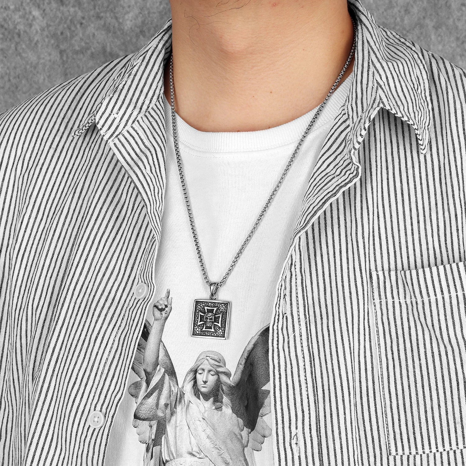 Cross Skull Badge Pendant Necklace Stainless Steel