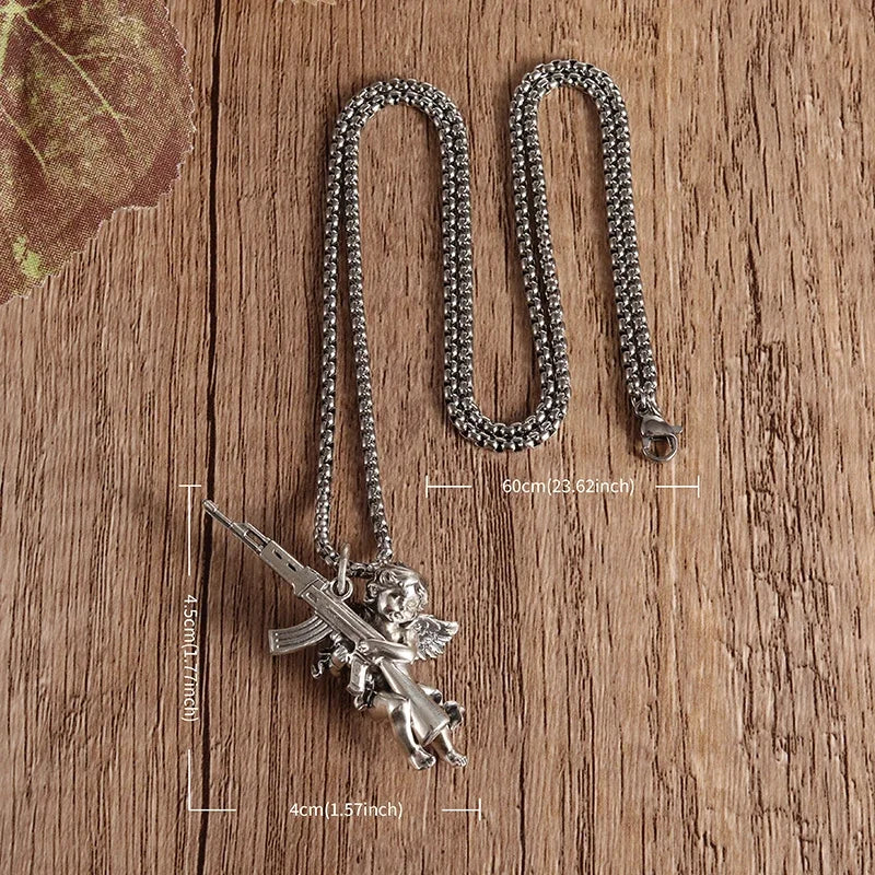 Avenging Angel Machine Gun Pendant Stainless Steel Necklace Suitable for Men and Women Hip-Hop Trendy Punk Jewelry Couple Gifts