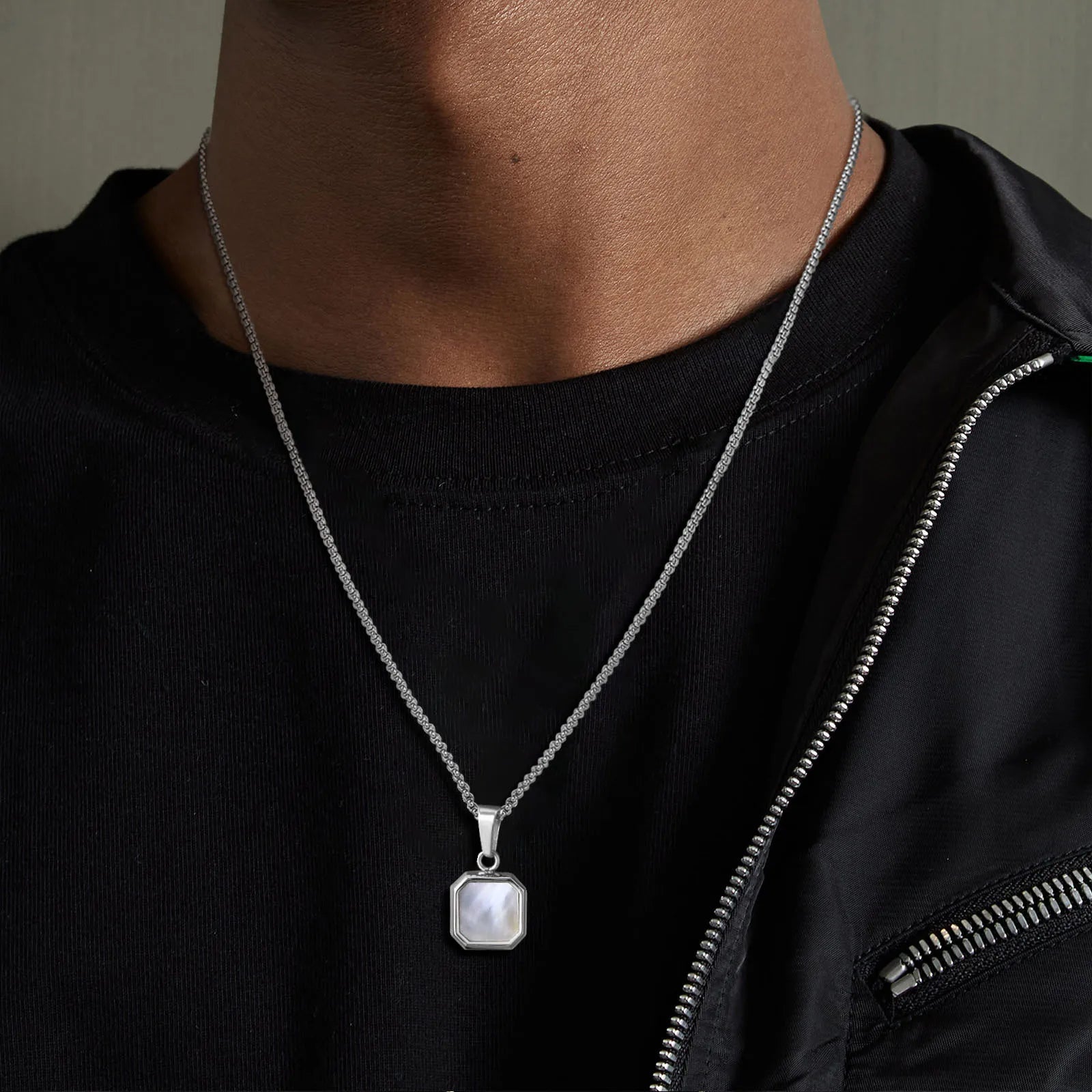 Shell Stone Box Chain Pendant — Stainless