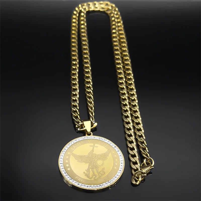 SAINT MICHAEL PROTECT US Archangel Men Crystal Necklace Stainless Steel Gold Color Catholic Religious Necklaces Jewelry