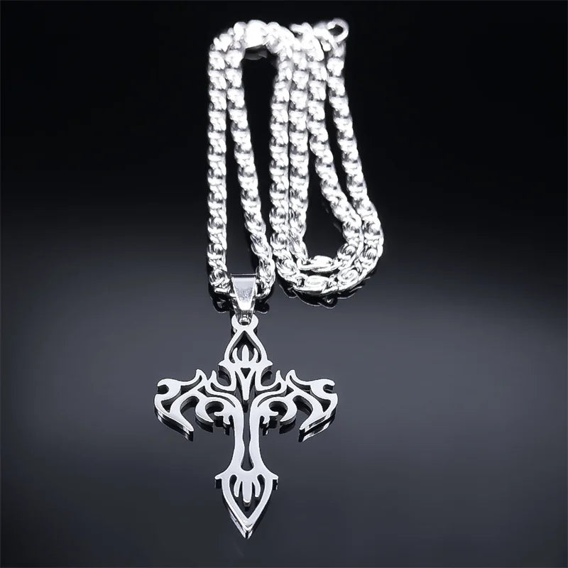 Gothic Cross Silver Pendant Flame Rock Colgante