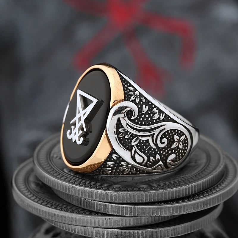 Vintage Sigil Lucifer Rock Ring 316L Stainless Steel Seal of Satan Stone Rings for Men Male Punk Rock Jewelry