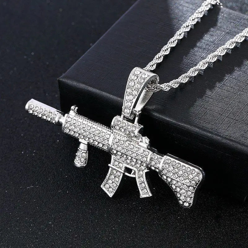 ICED OUT M416 Rifle Pendant Necklace, Hip Hop Military Jewelry, Zircon Gun Charm on Stainless Steel Rope Chain, Men's