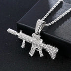 ICED OUT M416 Rifle Pendant Necklace, Hip Hop Military Jewelry, Zircon Gun Charm on Stainless Steel Rope Chain, Men's