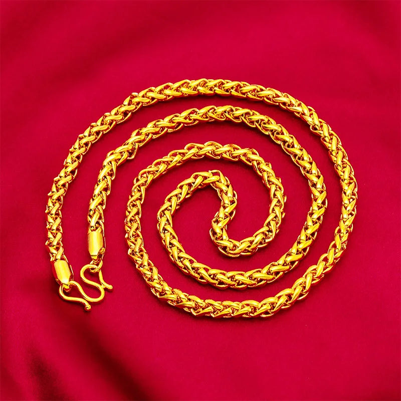 Men Masculine Rope-Style Gold Necklace, 24K Gold AU999 | Filigree rope pattern with jade beads, refined elegance for