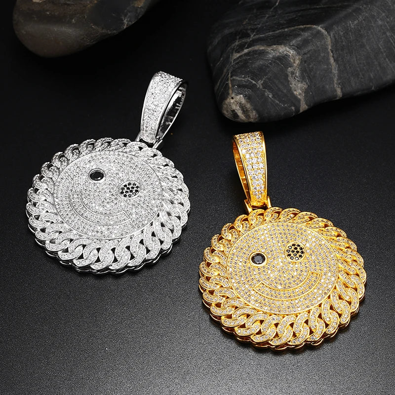 Trendy Round Zircon Copper Pendant Necklace for Men Fine Hip Hop Jewelry Pendant with Rope Chains