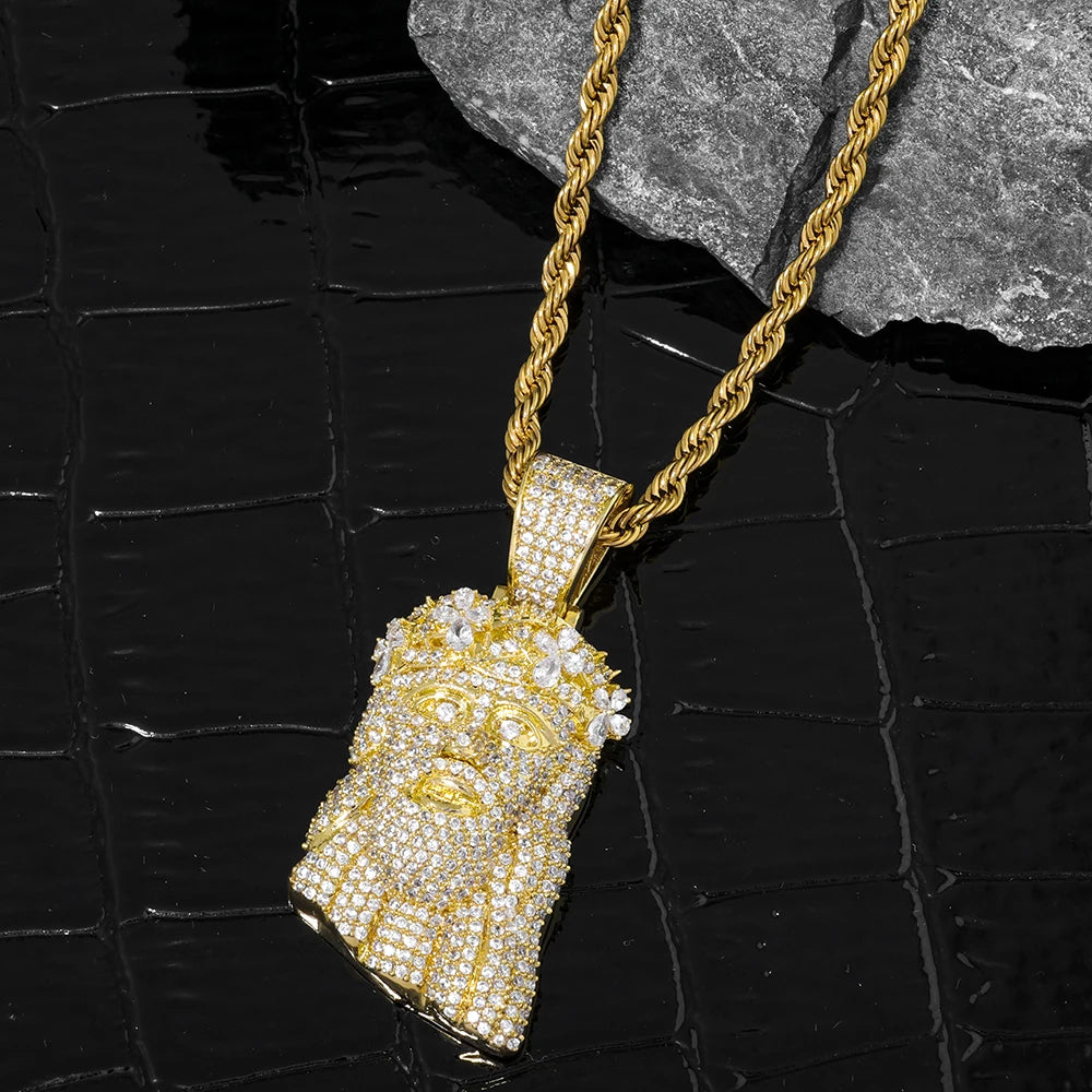 NUOYA Luxury Jewelry Iced Out Diamond Jesus Head Pendant 18K Gold Plated Micro Pave Zircon Hip Hop Pendant Jewelry Gift for Men