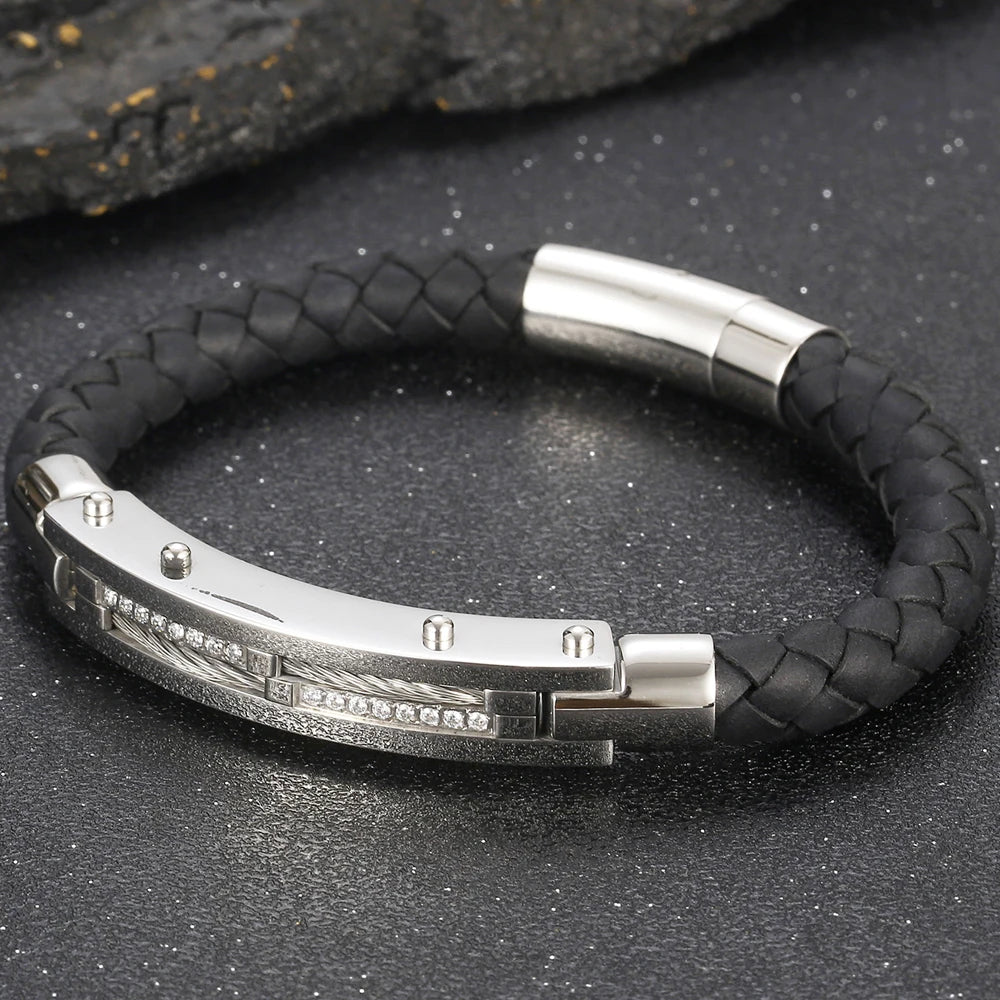 Gold Color Bracelets for Men 8MM Wide Braided Leather Rope Chain Bracelet CZ Stainless Steel Men's Arm Jewelry Birthday