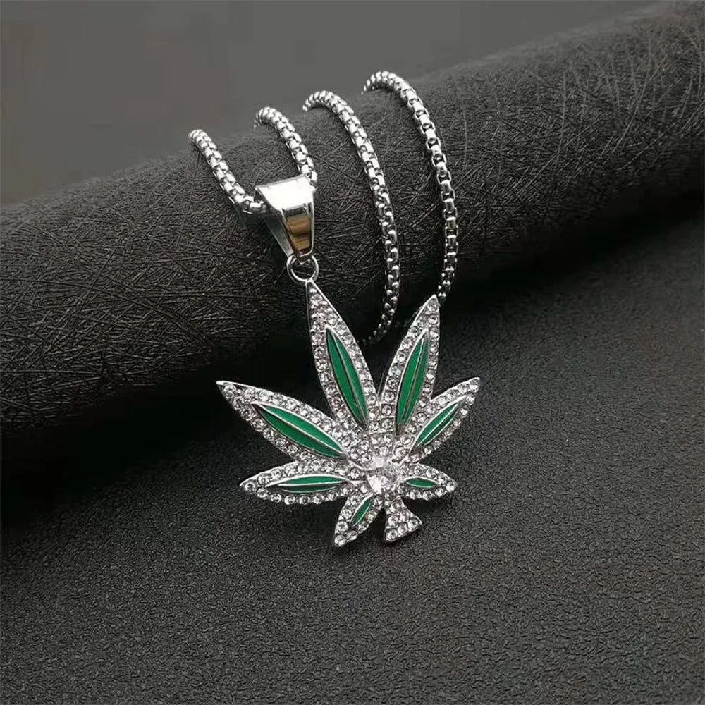 FTCY Rhinestone Maple Leaf Pendant Necklace For Men Women Personalized Punk Hip-hop Gold Color Necklace Jewelry Gift