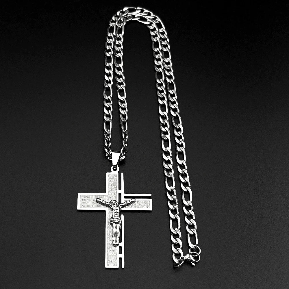 Jesus Cross Crucifix Pendant Necklace for Men Stainless Steel Gold Color Christian Spanish Lord's Prayer Figaro Chain