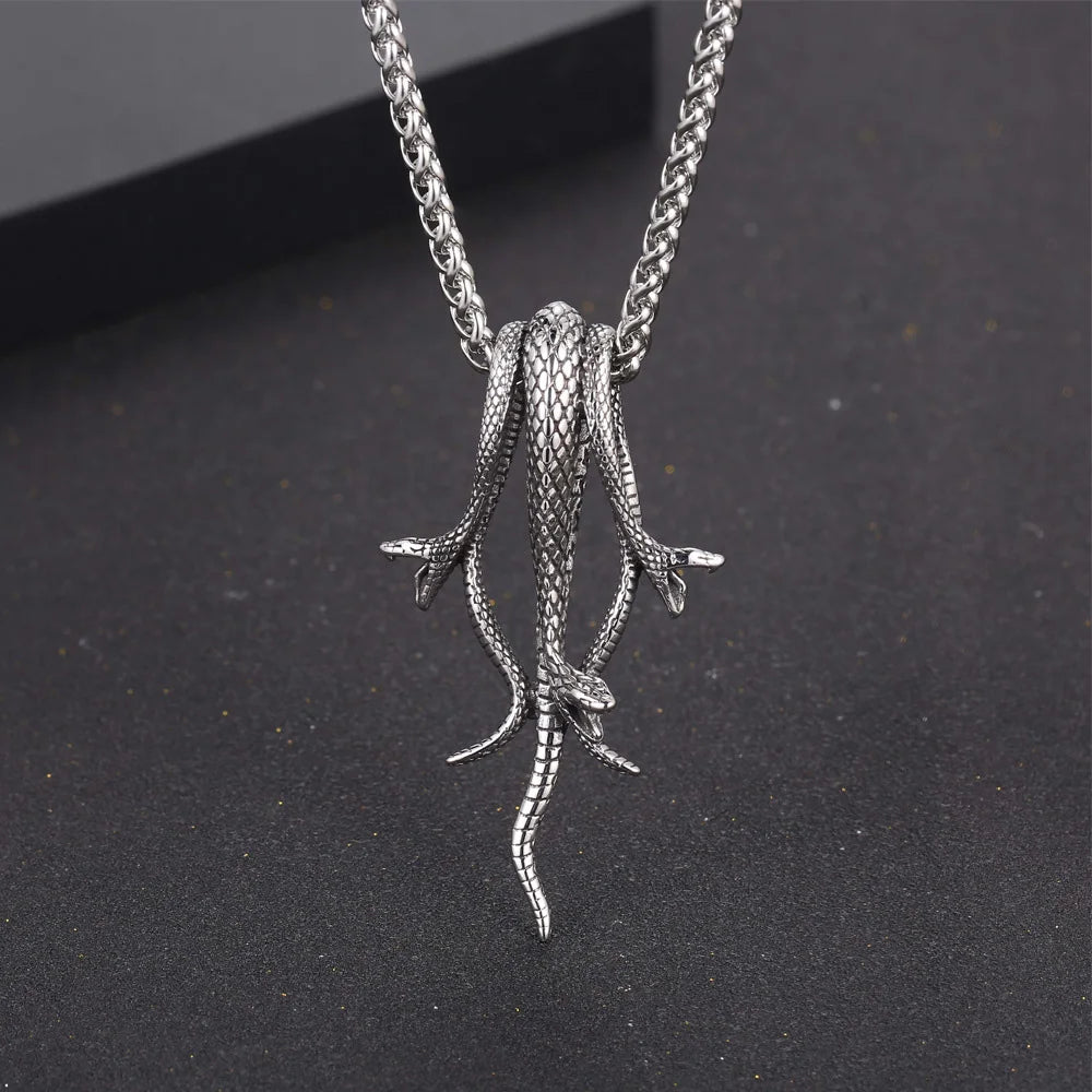 Retro Long Snake Three Headed Snake Pendant Necklace Stainless Steel Punk Biker Snake Necklace For Men Women Jewelry Gift