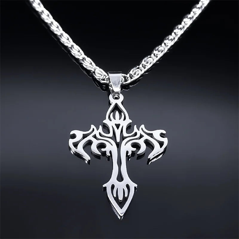 Gothic Cross Silver Pendant Flame Rock Colgante