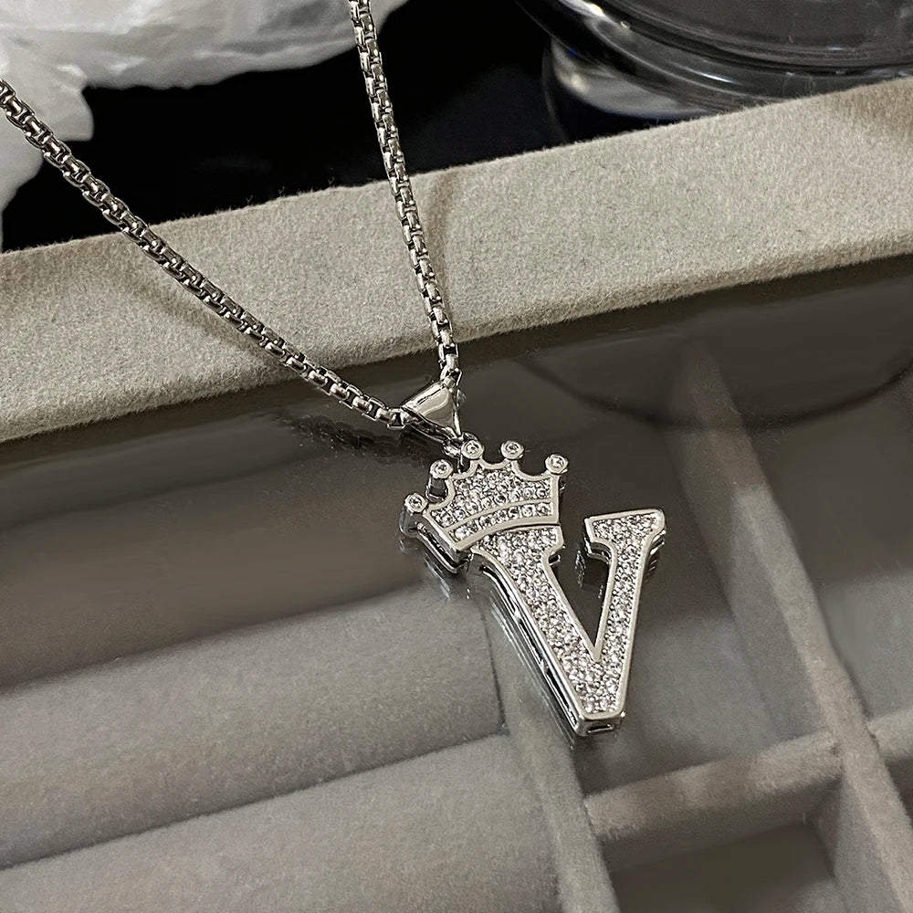 Freetry 26 Letters A-Z Zircon Crown Pendant Necklace for Women Men Punk Initial Alphabet Necklaces Hip Hop Choker Chain