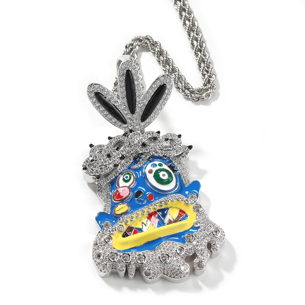 THE BLING KING Travis Scott Hip Hop Anime Enamel Funny Ghost Pendant Necklace Rap Jewelry Colorful Face With Full Cubic Zircon