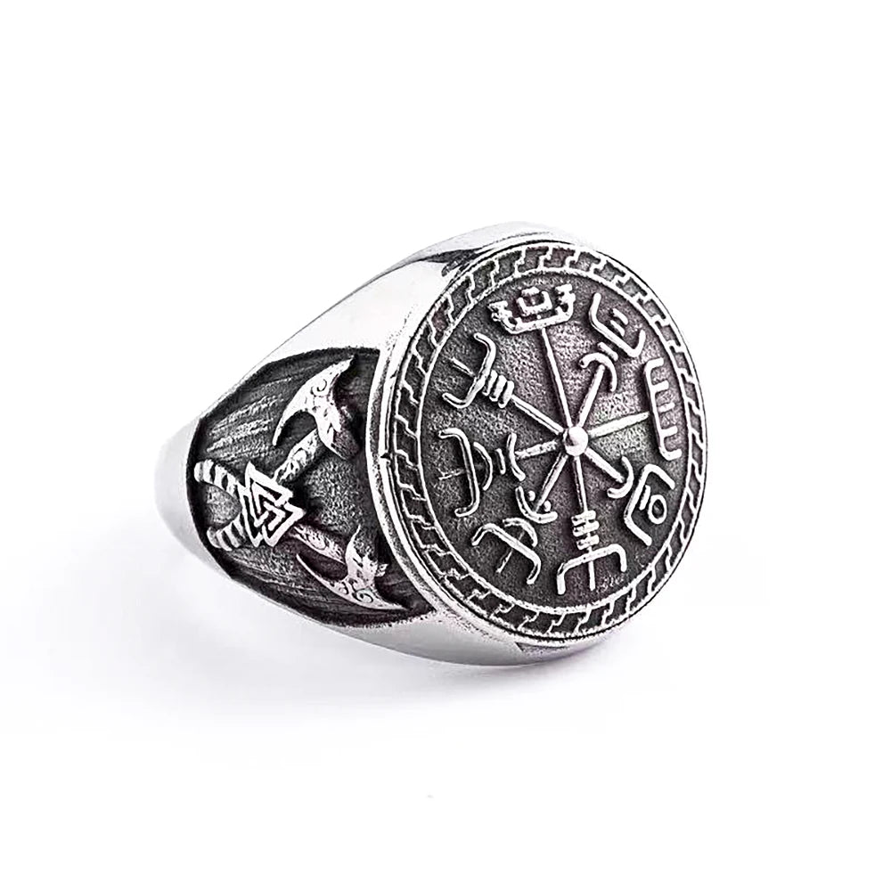 Vintage Stainless Steel Viking Compass Ring For Men Boys Nordic Viking Double Axe Rings Fashion Amulet Mythology