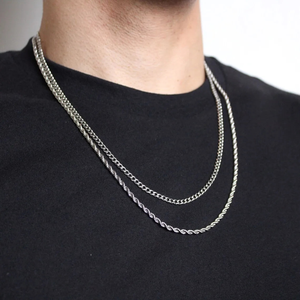 Vnox 3mm/5mm Cuban Chain Necklace for Men,Twisted Rope Links Collar,Stacked Stainless Steel Simple Basic Classic Unisex Necklace