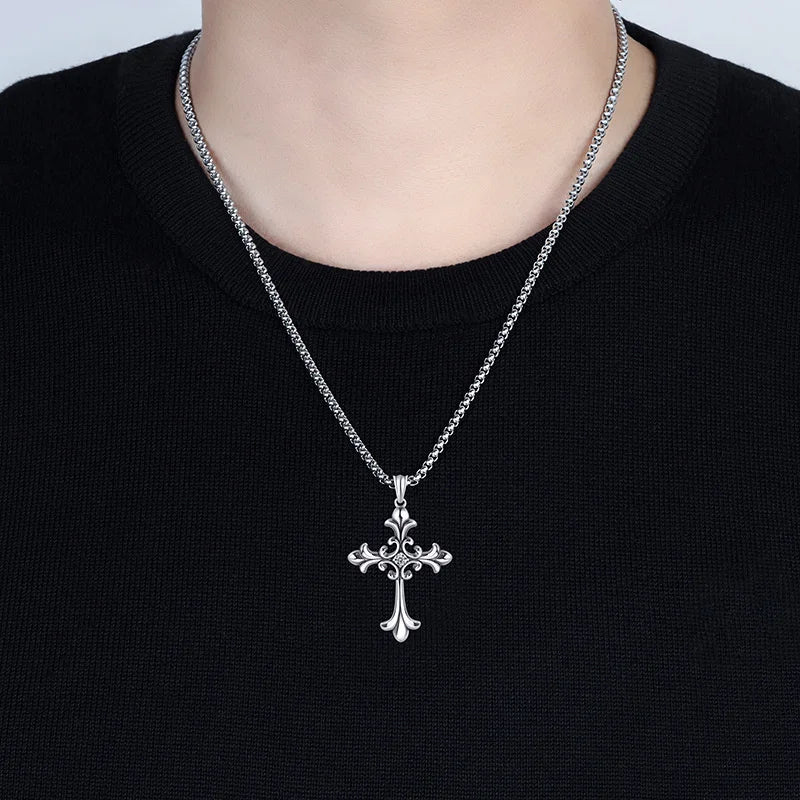 Gothic Style Retro Rhinestone Cross Stainless Steel Pendant ins Hip-Hop Men's Fashion Personality Versatile Necklace