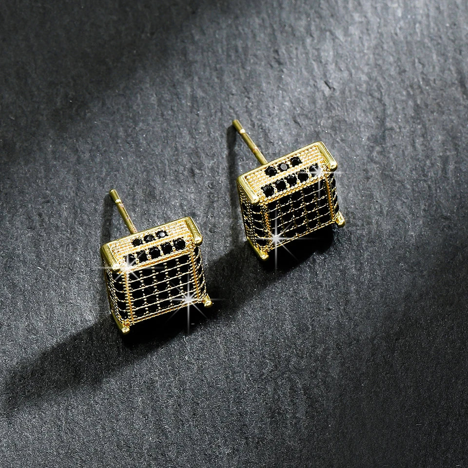 TrendMen Hiphop Rock Square Cubic Copper Zirconia Stud Earrings For Men Boy Gold Color Metal Crystal Earring Party Ear