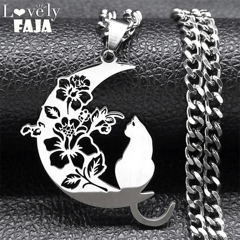Wicca Moon Cat Pendant — Stainless Steel