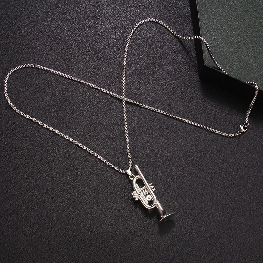 Hip Hop Trumpet Pendant Necklace Alloy Silvery Instrument Shape Necklaces Long Chain Chokers Women Men Rock Band Jewelry Gifts