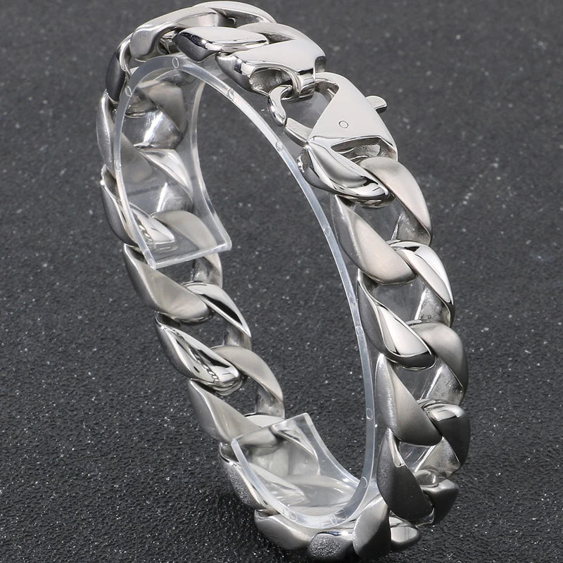 Vintage Black Stainless Steel Bracelet for Man Men's 15MM Wide Curb Link Chain Bracelets Bangles Armband Jewelry