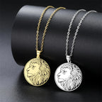 Lion Head Coin Pendant Necklace Men Stainless Steel Box Chain 60cm Animal Leo Zodiac Medallion Necklace Hip Hop Punk Jewelry