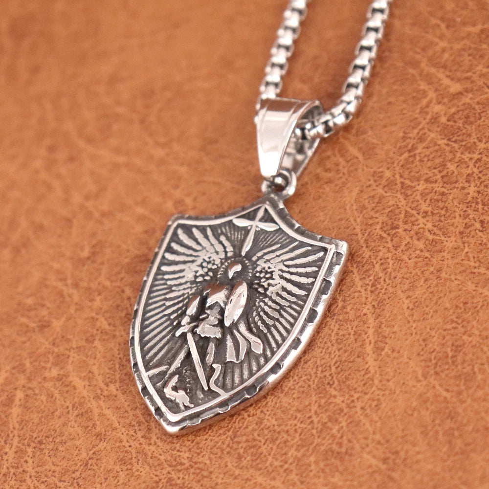 Vintage Saint Angel Shield Necklace Stainless Steel Men Pendant Necklace Classic Archangel Belief Amulet Jewelry Gift Wholesale